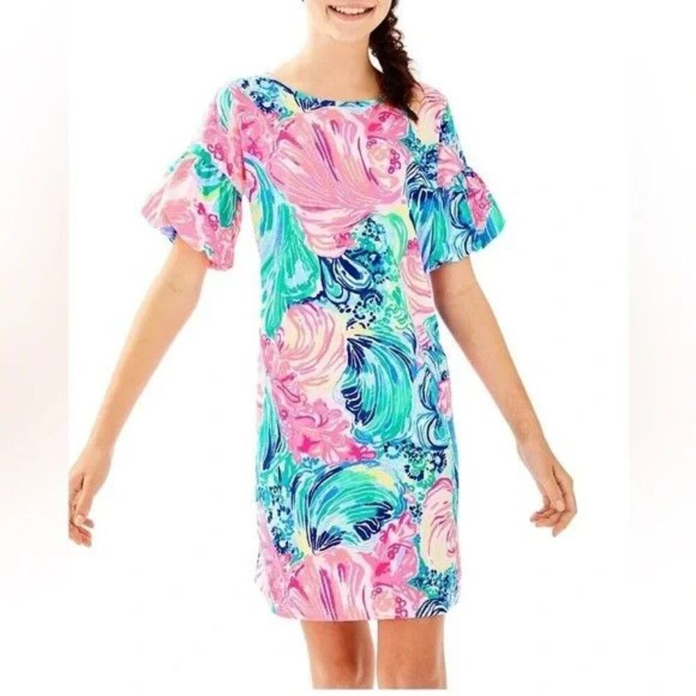 Lilly Pulitzer Mini Lindell Dress Puff Sleeve Beach Please XL 12-14 Girls